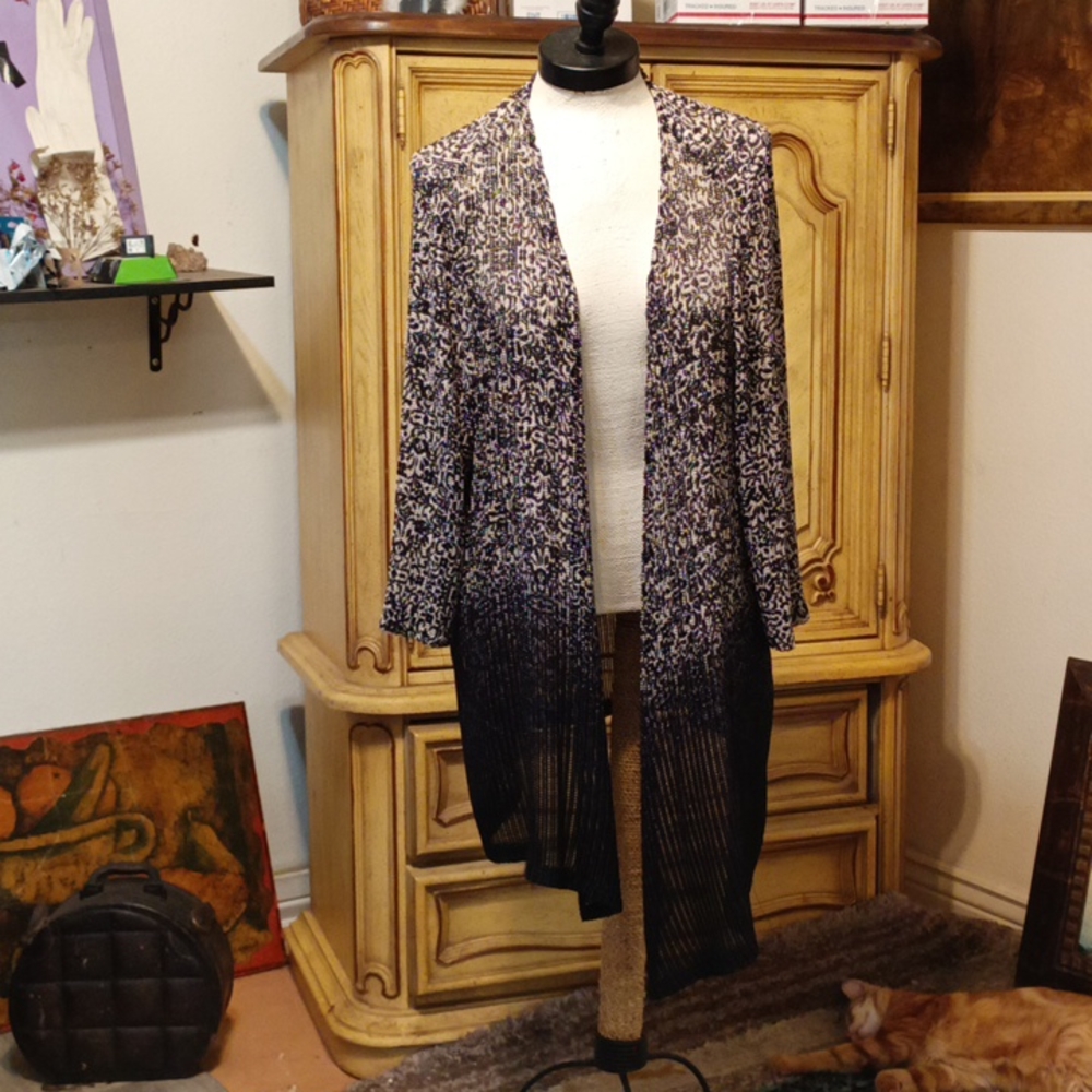 Women Mesh knit sweater cardigan shawl Black cream Plus sz 1x CATHERINES b43